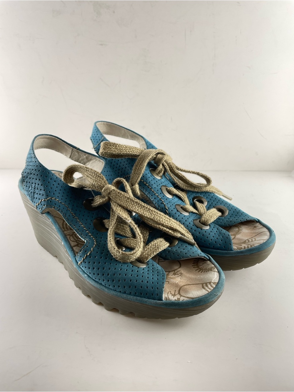 Fly London Blue Wedge Sandals EU 38 | Lace-Up Platform Comfort Sandals